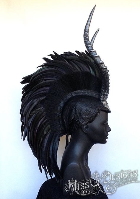 Miss G Designs www.facebook.com/missgdesigns Black Horned Festival Costume Headpiece, Fantasy Horned Headpiece For Festival, Adjustable Horned Fantasy Headpiece, Feather Mohawk, Medieval Horned Headdress, Black Feather Headdress, Cultural Fashion, Wasteland Weekend, Lightning In A Bottle