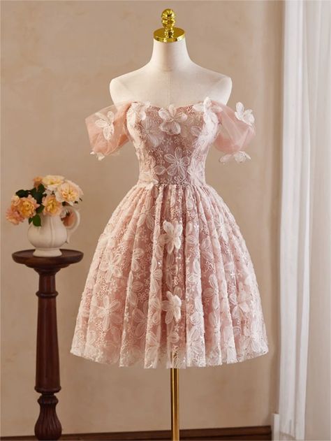 Homecoming Dresses,A-Line Off Shoulder Tulle Lace Pink Short Short Pink Quince Dress, Dama Pink Dresses, Elegant Pink Dress Short, Light Pink Dama Dresses, Short Pink Wedding Dress, Pink Ruffle Dress Short, Dama Dresses Pink, Baby Pink Dress Short, Pink Dama Dress