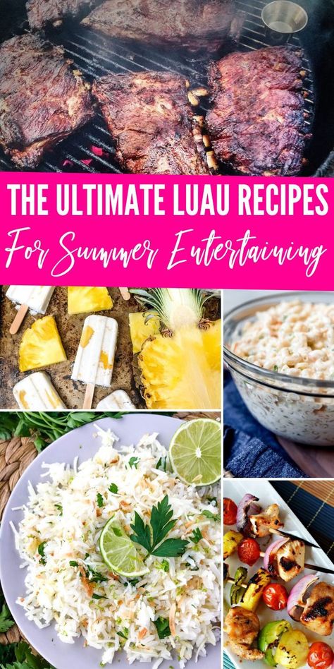 Luau Themed Decorations, Beach Theme Dinner Party, Hawaiian Dishes Recipes, Hawaiian Cookout, Hawaiian Dinners, Hawaiian Party Food Ideas, Hawaiian Themed Food, Tiki Food, Luau Recipes