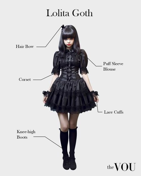 Gothic Lolita, GothLoli, Western Goth Fashion, Japanese Lolita Style, Polished, Cute, Conservative Appearance, Soft Feminine Makeup, Pink, Red, Brown Shades, Dark Colors, Black, Low to Mid-Height Mary Janes, Tea Party Shoes, Lace Umbrellas, Wigs, Knee-High Socks, Victorian-Era Details, Lace, Ribbons, Vintage, Nostalgic, Petticoats, Bloomers, Bell-Shaped Skirts, Dresses, Tailored Blouses, Frills, Buttons, Accessories, Bats, Coffins, Crosses, Rosaries, Top Hats, Headbands, Bows, Parasols Modern Aesthetic Fashion, Innocent Goth Aesthetic, Vintage Black Clothes, Goth Japanese Makeup, Vintage Goth Style, Gothic Cute Outfits, Goth Clothes Ideas, Goth Tea Party Outfit, Japanese Gothic Fashion