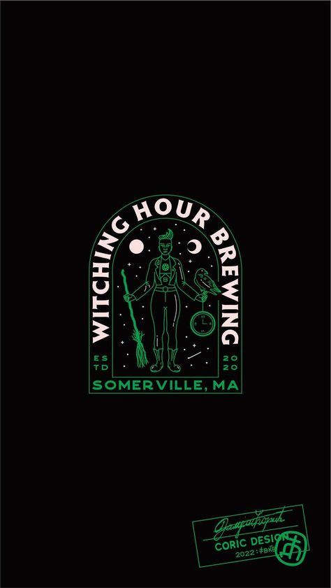 Brand identity project for a small witch-themed brewery in Somerville, MA. The client envisioned a flexible visual identity that would stand out on the shelves. We achieved this with an esoteric approach, celestial green hue & playful “witchy” details. The design was awarded in 2021 by 99designs in the category of Best Branding Design. #brandingdesign #craftbrewery #coricdesign Goth Branding Design, Goth Logo Design, Dark Brand Identity, Witch Graphic Design, Witchy Graphic Design, Witchy Branding, Witch Cafe, Best Branding Design, Dark Branding