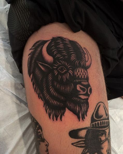 Kady Wilie on Instagram: “Thanks always @friese_tag!” Buffalo American Traditional Tattoo, American Buffalo Tattoo, Buffalo Head Tattoo Traditional, Men American Traditional Tattoo, Buffalo Face Tattoo, Traditional Cover Up, Bison Tattoo Traditional, Longhorn Hand Tattoo, Animal Hand Tattoos For Guys