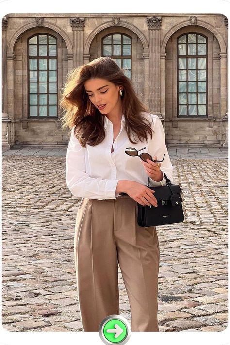 Classic white blouse paired with tailored trousers for a timeless, sophisticated look. Structured fit and neutral tones make it versatile, ideal for a polished old money vibe. Old Money Outfit Ideas, Timeless Wardrobe Essentials, Classic White Blouse, Classy Old Money, Old Money Outfit, Money Outfit, Refined Fashion, Tailored Trousers, White Blouse