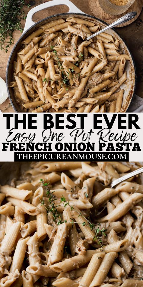 One Pot French Onion Pasta is a savory dish that combines the flavors of classic French onion soup with the comforting elements of pasta. Featuring rich caramelized onions, al dente pasta, and creamy Gruyère cheese. The fusion of flavors creates a hearty and delicious meal that is sure to be a hit with any pasta lover. French Onion Seasoning Recipes, Creamy Onion Pasta, Creamy French Onion Beef And Noodles Crockpot, French Onion Beef Pasta, One Pot French Onion Soup Pasta, Creamy French Onion Chicken Pasta Bake, French Onion Chicken Pasta, Viral French Onion Pasta, One Pot French Onion Pasta