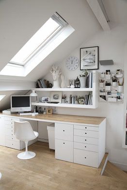 white workspace | from ShootFactory | Anna @ D16 | Flickr Tiny Office Space Ideas, Attic Inspiration, Attic Office, Tiny Office, Attic Bedroom Designs, Loft Office, Attic Bedrooms, Dekorasi Kamar Tidur, Attic Renovation