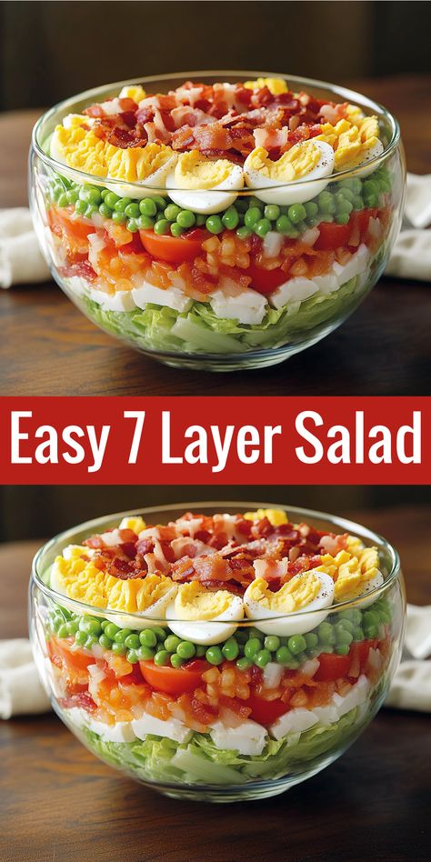 Try this easy 7 Layer Salad! Layers of fresh veggies, bacon, eggs, and cheddar cheese topped with a sweet mayo dressing. So simple and delicious!