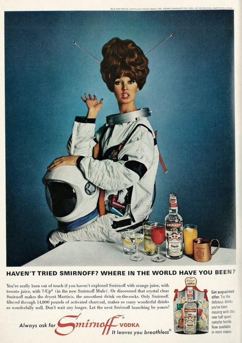 60s Space Age, Vintage Space Poster, Smirnoff Vodka, Joe Colombo, Space Girl, Space Poster, Retro Ads, Vintage Space, Space Suit