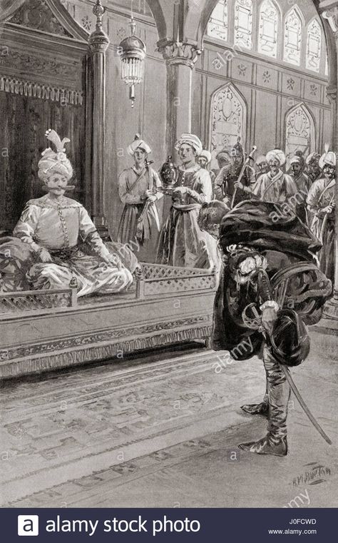 Sir Anthony Shirley visiting the court of Shah Abbas the Great, Persia in 1599, where he was made a Mirza or prince. Sir Anthony Shirley (or Sherley), 1565–1635. English traveller. Shāh Abbās the Great aka Shāh Abbās I of Persia, 1571 – 1629. 5th Safavid Shah (king) of Iran. After the painting by H.M. Burton. From Hutchinson's History of the Nations, published 1915 Stock Photo Shah Abbas The Great, Abbas The Great, Safavid Warrior, Safavid Empire, King Of Iran, Iranian Clothes, Shah Abbas, Persian Warrior, Turkish Culture