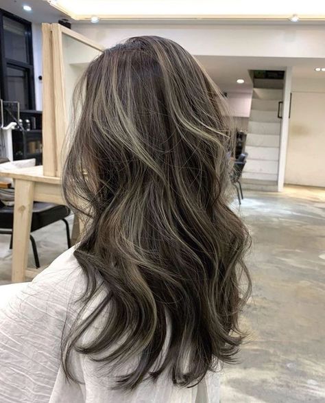 Balayage Hair Ash Brown Blonde, Dark Brown Hair With Ash Blonde Streaks, Mom Hair Color Ideas Dark, Korean Hair Color Cool Tone, Brown Hair With Gray Balayage, Ash Blonde Hairlights, Babylites Brunette, Fine Hair Color Ideas, Cool Brown Highlights On Dark Hair