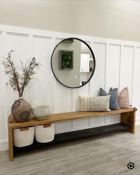 Large Bench Entryway, Inside Bench Ideas, Hallway Bench And Console Table, Small Hallway Bench Ideas, Entry Bench With Pillows, Hallway Ideas Bench, Bench In Front Of Stair Railing, Entry Long Hallway Ideas, Entryway Table And Hooks