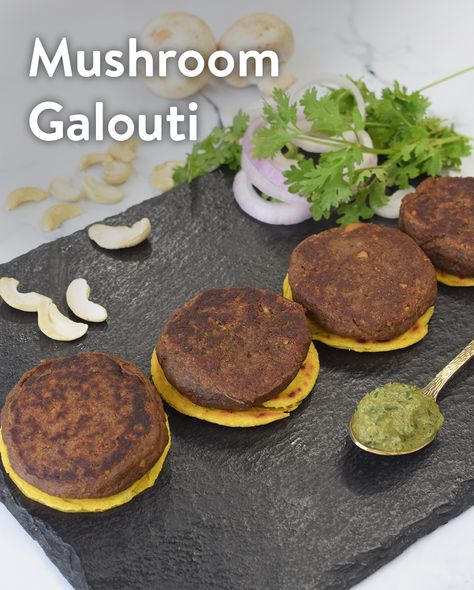 mushroom galouti Veg Galouti Kebab Recipe, Mushroom Galouti Kabab, Mushroom Snack Recipes, Mushroom Kebab, Mushroom Snacks, Mushroom Starters, Indian Starters, Veg Starters, Vegetarian Enchiladas Recipe