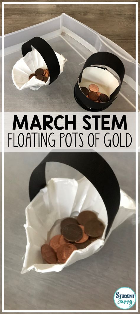 March STEM floating pots of gold March Stem Challenges, March Stem, Kindergarten Stem, Elementary Stem Activities, Pots Of Gold, Stem Students, Stem Classes, March Crafts, Stem Elementary