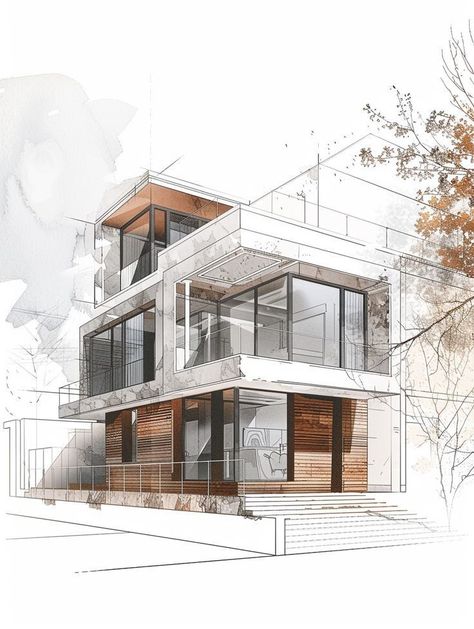 Latest 3d elevation design houseelevationArchitecturaldesign bestelevationdesign Modern architectural sketch of a multi-story house with large windows and wooden accents, surrounded by trees. | Sky Rye Design House Drawing Ideas, Exterior Perspective, Drawing Ideas Simple, Student Architecture, 3d Elevation Design, House Design Drawing, Minimalist Houses, Architecture Blueprints, Simple Sketches