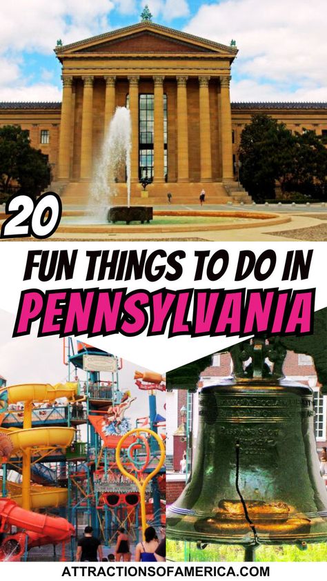 Images of Philadelphia Museum of Art, Independence National Park and Hersheypark with text overlay reading 20 fun things to do in Pennsylvania. Things To Do In Pennsylvania, Hershey Pennsylvania, Gettysburg Pennsylvania, Gettysburg National Military Park, Philadelphia Zoo, Hershey Park, Pennsylvania Travel, Family Adventure, Amazing Destinations