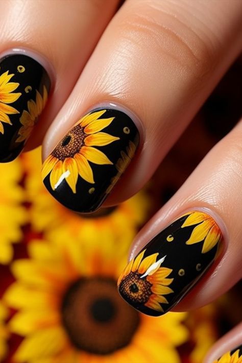 Sun-soaked Elegance: Try Sunflower Nail Styles Fall Nail Sunflower, Sunflower Gel Nails Ideas, Nail Ideas With Sunflowers, Black Nails Sunflower, Sun Flower Nails Ideas, Sun Flower Nail Art Designs, Square Sunflower Nails, Sunflower Nail Designs Acrylic, October Nail Designs 2023