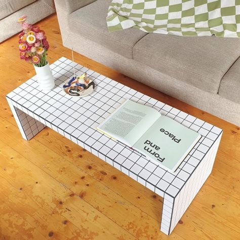 P0LY on Instagram: “Our Low Table in classic white/black 🖤” Black And White Tile Table, Tile Table Top Diy, Ikea Tiles, Tiled Furniture, Tiled Table, Lack Coffee Table, Ikea Coffee Table, Retro Diy, Mosaic Coffee Table