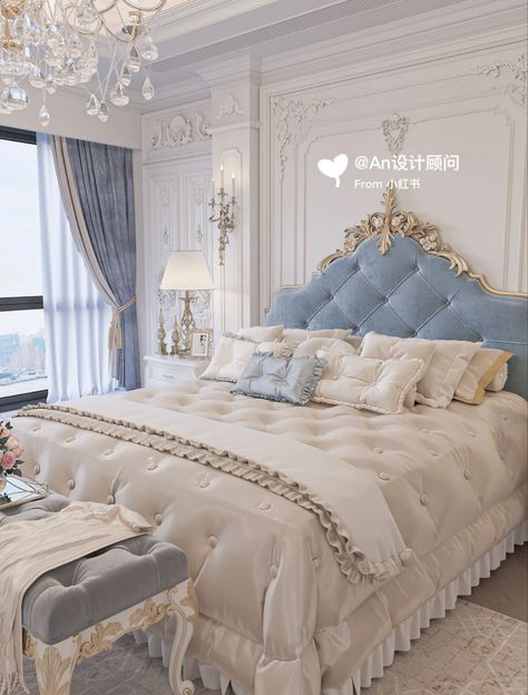 Versailles Themed Bedroom, Aesthetic Fancy Bedroom, European Palace Interior, Home Decor Ideas Elegant Classy, Fancy Blue Bedroom, White Royal Bedroom, Elegant Room Decor Bedroom Classy, Regal Bedroom Ideas, Royal Room Bedrooms