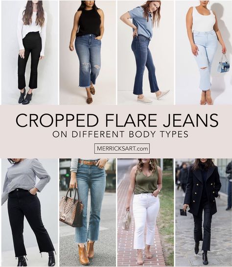 cropped flare jeans on other body types Crop Flare Jeans Outfit Spring, Cropped Bootcut Jeans Outfit Winter, Cropped Flare Jeans Outfit Ankle Boots, Black Kick Flare Jeans Outfit, Cropped Flair Jeans Outfit Winter, Crop Kick Flare Jeans Outfit, Crop Flair Jeans Outfit, Crop Jeans Outfit Winter, Wide Leg Cropped Black Jeans Outfit