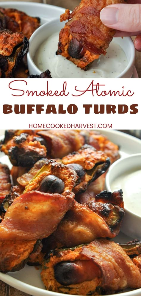 Stuffed Peppers On Smoker, Bacon Wrapped Armadillo Eggs, Smoked Football Snacks, Tailgate Smoker Recipes, Halloween Smoker Recipes, Football Smoker Recipes, Smoked Bacon Wrapped Jalapenos, Smoked Garlic Recipes, Pellet Smoker Appetizer Recipes