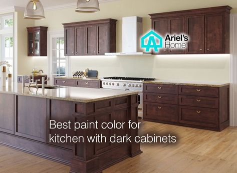 Kitchen Paint Colors With Darker Cabinets, Dark Cabinets Kitchen Paint, Neutral Kitchen Dark Cabinets, Kitchen Wall Colors With Brown Cabinets Paint Colours, What Color Flooring With Dark Cabinets, Kitchen Paint With Dark Wood Cabinets, Bright Kitchens With Dark Cabinets, Wall Colors For Dark Cabinets, Paint Colors For Dark Cabinets Kitchens