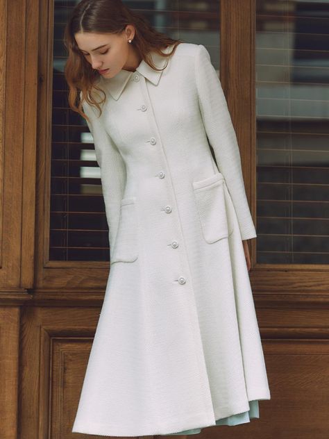 Olivia Stand Collar A-Line Tweed Coat White Coat Outfit Classy, Tweed Dress Outfit Classy, Tweed Dress Outfit, Deep Winter Palette Outfits, White Coat Outfit, Tweed Overcoat, Tweed Material, Elegant White Dress, Winter Inspiration