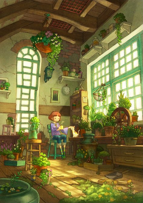 The Art of Sayaka Ouhito Greenhouse Concept Art, Life Tree Drawing, Drawing Dreams, Roots Drawing, Drawing Tree, Interior Design Classes, Base Anime, Life Tree, Diy Greenhouse