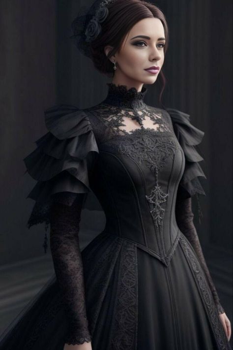 Victorian Dress Aesthetic, Black Victorian Dress, Victorian Dress Gown, Macabre Fashion, Black Costume, Dress Aesthetic, Dress Clothes, The Model, Character Portraits