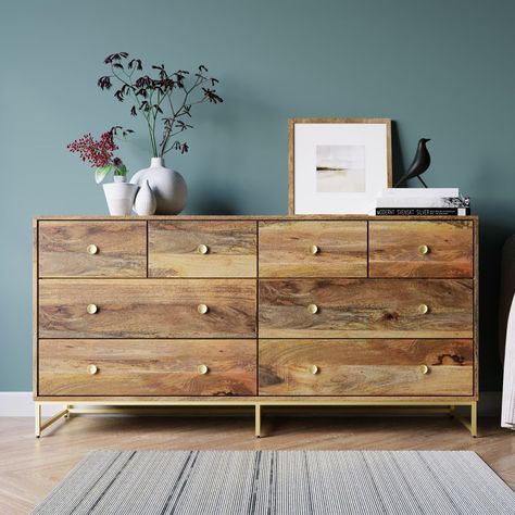 EXTRA LARGE INDUSTRIAL LIGHT MANGO & BRASS CHEST OF DRAWERS - CONTEMPORARY BE...  | eBay Low Bookshelves, Wardrobe Wall, Mango Wood Furniture, Brass Console Table, Brass Dining Table, Large Chest Of Drawers, Mirrored Sideboard, Wall Mirror With Shelf, Industrial Light