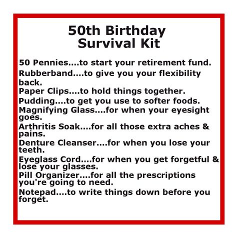 50th Birthday Survival Kit | Delightfully Noted 50th Birthday Survival Kit, 50th Birthday Party Ideas For Men, Birthday Survival Kit, Mom Survival Kit, Funny 50th Birthday Gifts, 50th Birthday Presents, 50th Birthday Quotes, Cards For Men, Moms 50th Birthday