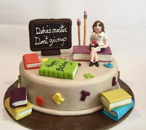 Costumized cake for doha’s master ,sponge chocolate cake filled with yummy Nutella & hazelnut Teacher Theme Cake, Sponge Chocolate Cake, Success Cake, Teachers Day Cake, Farewell Cake, Teacher Cakes, Retirement Cake, Fondant Cake Designs, Book Cakes