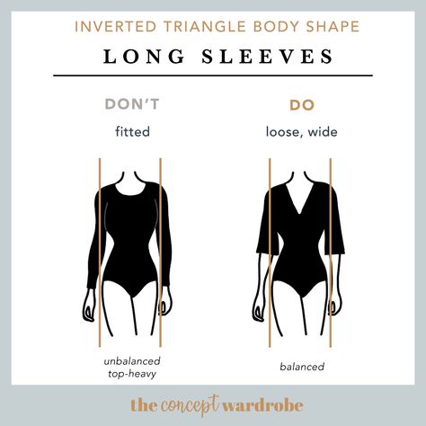 the concept wardrobe | Avoid heavy detailing like buttons around the shoulders that would draw the eye to the wide shoulders. To add volume around your hips, opt for long, soft sleeves that flare – such as raglans, kimono, or dolman sleeves. Click to read more about dressing the inverted triangle body shape. Dress For Wide Shoulders Body Types, Wide Shoulders Outfits, Coat For Inverted Triangle Body Shape, Wide Shoulders, Introverted Triangle Body Outfit, Wide Shoulders How To Dress, Upside Down Triangle Body Shape, Blazer For Inverted Triangle Body Shape, Invert Triangle Body Shape