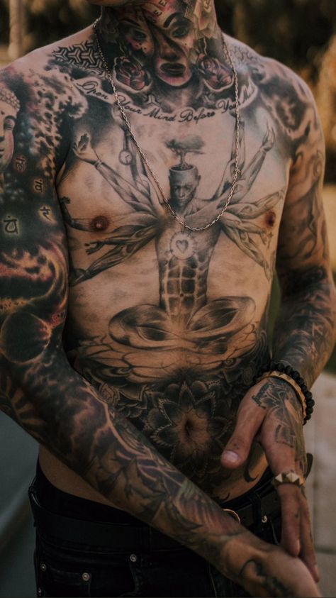 Tattoo from @juliangreene1 Full Body Tattoo Man, Torso Tattoo Men, Full Body Tattoo Men, Mens Body Tattoos, Word Tattoo Ideas, Man Tattoo, Torso Tattoos, Word Tattoo, Design Tattoos