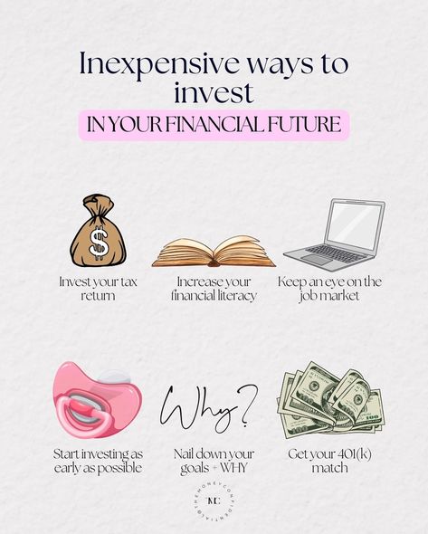 Inexpensive ways to invest in your financial future: 1️⃣ Invest your tax return If you get one, invest it! I know this can be “expensive” in that it may not be a small dollar amount. But, it is inexpensive in that it can still be painless vs taking that amount out of a paycheck. 2️⃣ Increase your financial literacy Don’t try to learn EVERYTHING before going out there and taking on your finances, but enough to get started. You can always learn more as you go ❤️. Also, I recommend findi... Investments Aesthetic, Personal Finance Aesthetic, Money Woman, Money Saving Methods, College Motivation, Money Saving Techniques, Money Financial, Saving Techniques, Investing Tips