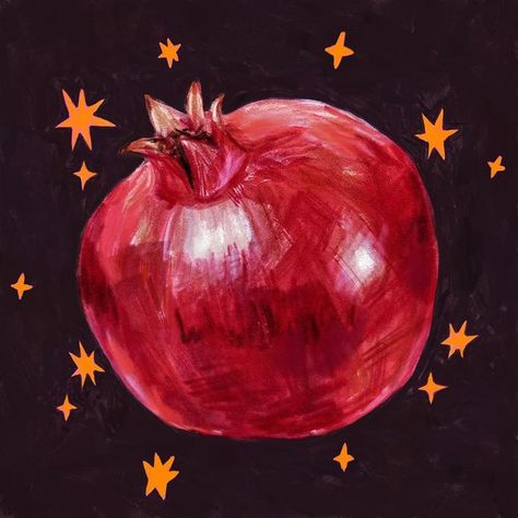 ANNA ☆ ARTIST, ILLUSTRATOR & COURSE CREATOR on Instagram: "New version of one of my most appreciated art pieces. ✨ I’m still waiting for the pomegranate emoji. #pomegranate #pomegranateart #pomegranatelove #redraw #fruitart #fruitartist #fruitlove #fruitlovers" Pomegranate Wall Art, Pomagranet Painting, How To Draw A Pomegranate, Pomagranet Art Painting, How To Paint A Pomegranate, Pomegranate Girl Aesthetic, Pomegranate Painting Acrylics, Pomegranate Wallpaper Iphone, Pomogranette Drawing