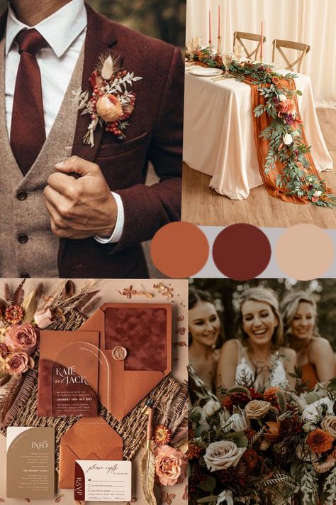 Fall Wedding Cabernet, Burnt Sienna Wedding Colors, Wine And Rust Wedding Colors, Terracotta Maroon Wedding, Burnt Terracotta Wedding, Paprika Color Wedding, Terra Cotta And Burgundy Wedding, Rust And Wine Wedding, Rustic Western Fall Wedding Ideas