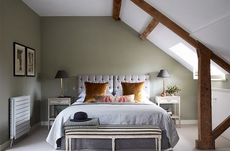 Designed with a bachelor in mind for this attic bedroom in a Georgian rectory.We painted the walls in a sage green colour from Farrow and Ball in this north-facing attic bedroom, with plenty of light and space, to create a cosseting feel.We used complementary colours to the green for the accessories,gold velvet for the pair of cushions and amber and russet in an embroidered fabric for the bolster.Combined they finish off the room by adding a richness whilst still keeping the calmness of the room Loft Room, Luxury Furniture Brands, H Design, Attic Bedroom, Loft Conversion, Creative Furniture, Design Bedroom, Guest Bedrooms, Top 50