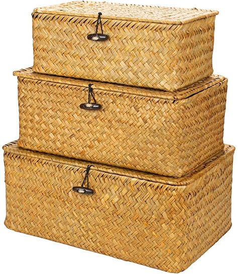 Amazon.com: Yesland Woven Wicker Storage Bins with Lid - Set of 3 - Rectangular Seagrass Basket/Storage Basket for Shelf Organizer: Home Improvement Wicker Basket With Lid, Baskets For Shelves, Seagrass Storage Baskets, Storage Baskets With Lids, Decorative Storage Baskets, Wicker Storage, Decorative Storage Boxes, Box Shelves, Storage Bins With Lids