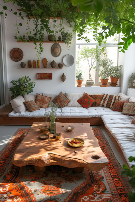 40 Beautiful Boho Living Room Ideas to Transform Your Home Boho Garden Room Ideas, Bohemian House Interior, Buddhist Home Decor, Boho Sitting Room, Boho Houses, Boho Small Living Room, Homes With Character, Colorful Boho Living Room, Cozy Living Room Inspiration