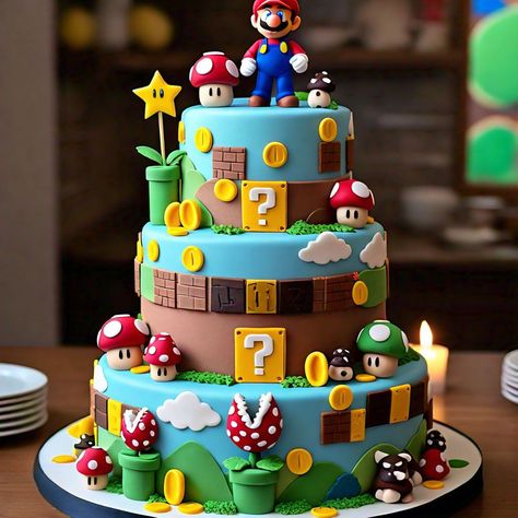 Súper Birthday Cake Super Mario, Mario Birthday Cakes, Mario Birthday Party Cake, Video Game Birthday Cake, Super Mario Brothers Cake, Mario Cake Ideas, Mario Brothers Birthday Party Ideas, Cake Super Mario, Mario Brothers Cake