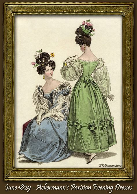 June 1829 - Parisian Evening Dresses 1800s Hair, Promenade Dress, Opera Dress, 1820s Fashion, 1830s Fashion, Fancy Dress Ball, Fancy Ball, Historical Costuming, Rococo Fashion