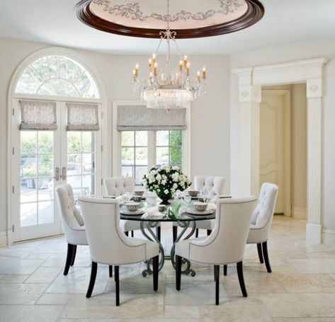 17 Divine White Dining Room Designs That Abound With Simplicity & Elegance Modern French Provincial, French Provincial Design, French Country Rug, Round Dining Room, Chandelier Black, White Dining Room, Dining Table Black, French Country House, Dining Room Chandelier