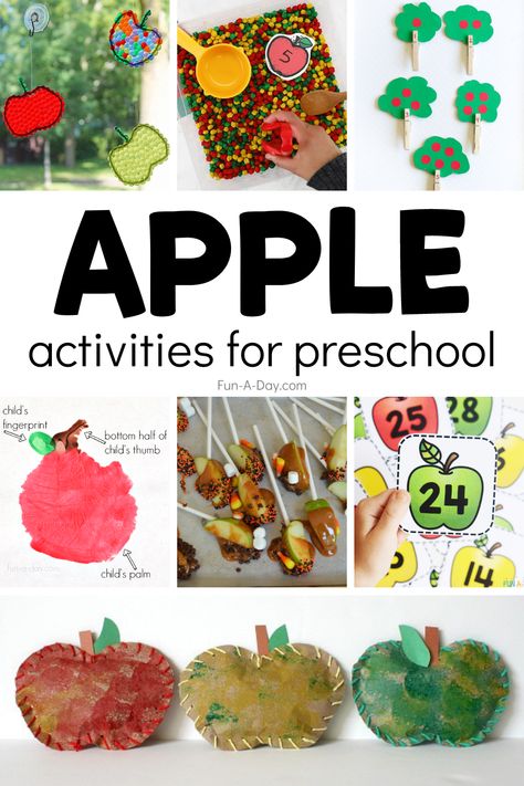 50+ apple activities for preschoolers and kindergarten kids! You'll find art and crafts, science, sensory play, math, literacy, and snack ideas. Perfect for your next apple theme! Click on the Fun-A-Day.com link for more information. Apple Provocations Kindergarten, Preschool Apple Science, Apple Activity For Preschool, Apple Theme Preschool, Apple Preschool Activities, Apple Literacy Activities, Apple Activities Kindergarten, Math Apple Activities, Apple Literacy