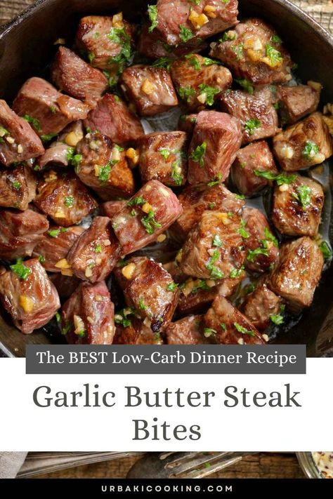 The BEST LowCarb Dinner Recipe – Garlic Butter Steak Bites – Urbaki Cooking #keto4life #nocarbs #ketomeal #ketobeginner #ketobeginner #ketogenic #weightloss #ketogirl #lowcarb Steak Low Carb Recipes, Keto Garlic Butter Steak Bites, Keto Steak Recipes, Steak Lunch, Garlic Butter Steak Bites, Butter Steak Bites, Air Fryer Recipes Appetizers, Steak Bites Recipe, Meal Rotation