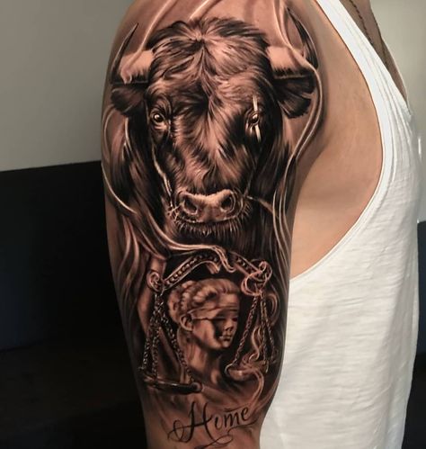 Toros Tattoo, Animal Tattoo Meanings, Upper Arm Tattoos For Guys, Ox Tattoo, Farm Tattoo, Taurus Bull Tattoos, Tato Maori, Ram Tattoo, Cow Tattoo