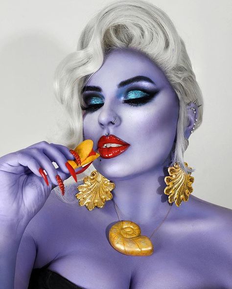 Jazmina Daniel on Instagram: “Ursula Up Close 🐙💜 I made the necklace and her clam lipstick with Model magic and then painted them. Earrings: @regalrose Wig: Amazon just…” Halloween Disney Villain Costumes, Ursella Costume, Ursula Hair Ideas, Ursala Makeup, Ursula Makeup Look, Little Mermaid Adult Costume, Ursula Makeup Halloween, Ursula Costume Makeup, Bayonetta Oc