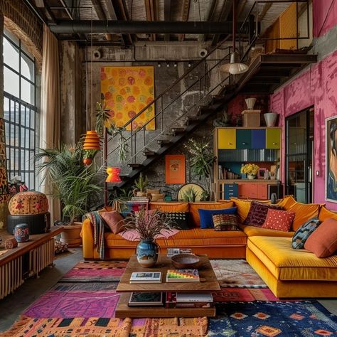 Loft Color Palette, Artist Loft Apartment, Urban Loft Apartment, Gemini Style, Bohemian Chic Living Room, Eclectic Loft, Chic Living Room Design, Eclectic Industrial, Dnevna Soba