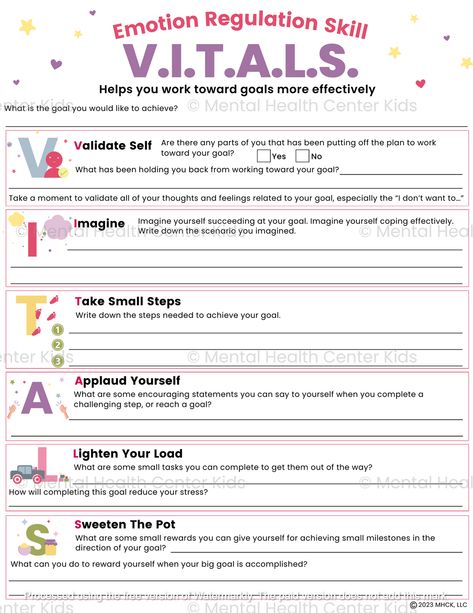 DBT VITALS Worksheet – Mental Health Center Kids Self Validation Activities, Self Regulation Worksheets, Dbt Cheat Sheet, Dbt Skills Activities, Meditative Activities, Teen Therapy Activities, Therapy Strategies, Dbt Skills Worksheets, Dbt Activities