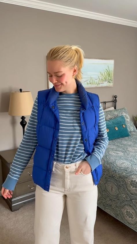 Check out this video My favorite royal blue puffer vest for spring  from Lilly Blue Puffy Vest Outfit, Blue Puffer Vest Outfit, Blue Vest Outfit, Puffy Vest Outfit, Blue Puffer Vest, Puffer Vest Outfit, Vest Puffer, Boston Clogs, Vest Outfit