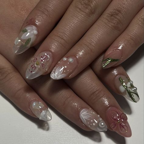 Spring Vibe Nails, Monet Inspired Nails, Natural Flower Nails, Korean Wedding Nails, Simple Gel Nail Art, Floral Wedding Nails, Fairytale Nails, Tokyo Nails, Spring Floral Nails