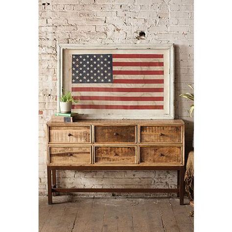 This large framed American flag adds a dose of patriotic color to an otherwise basic corner space. Framed American Flag, American Flag Art, Framed Flag, Vintage American Flag, Americana Decor, Flag Art, Rustic White, Flag Decor, Rustic Farmhouse Decor